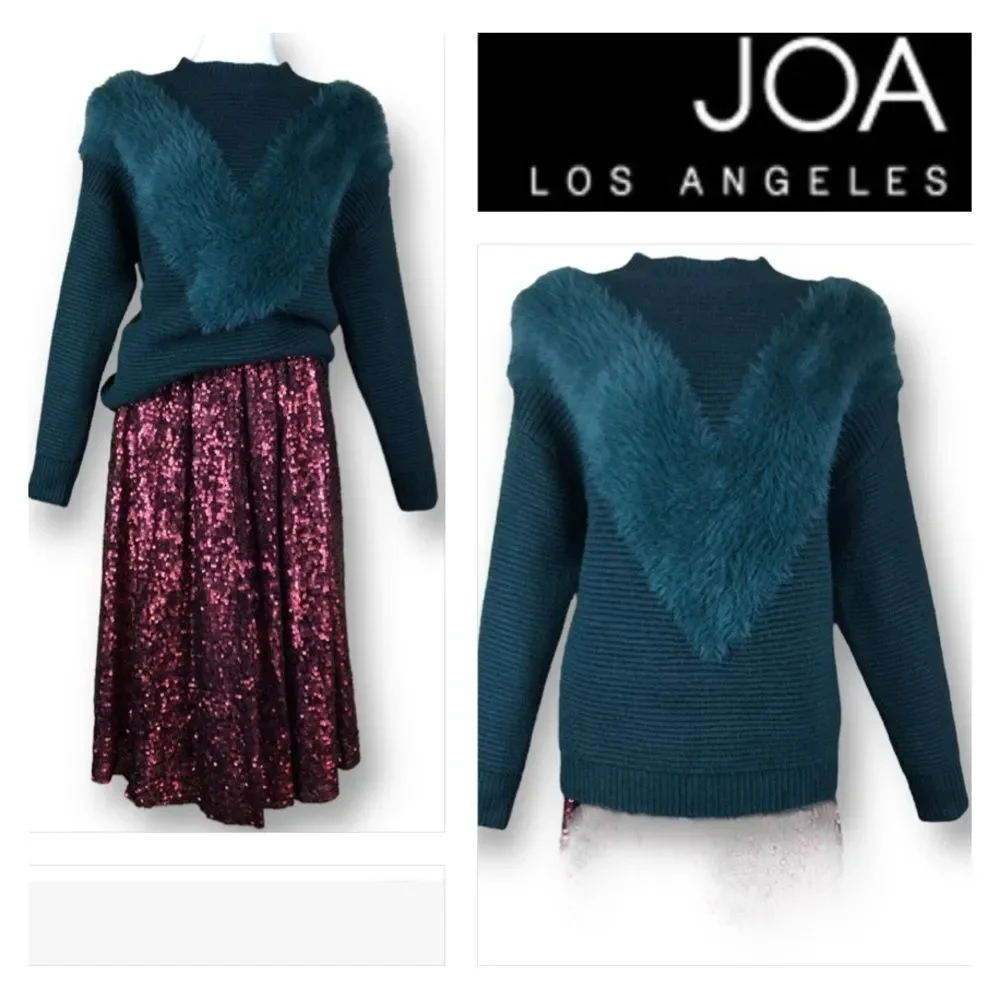 REVOLVE JOA Emerald Faux Fur Knit Sweater Pullover Crewneck Size M